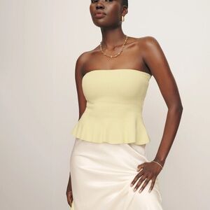 Reformation Sabina Ribbed Strapless Sweater Lemon Icing - Size XL